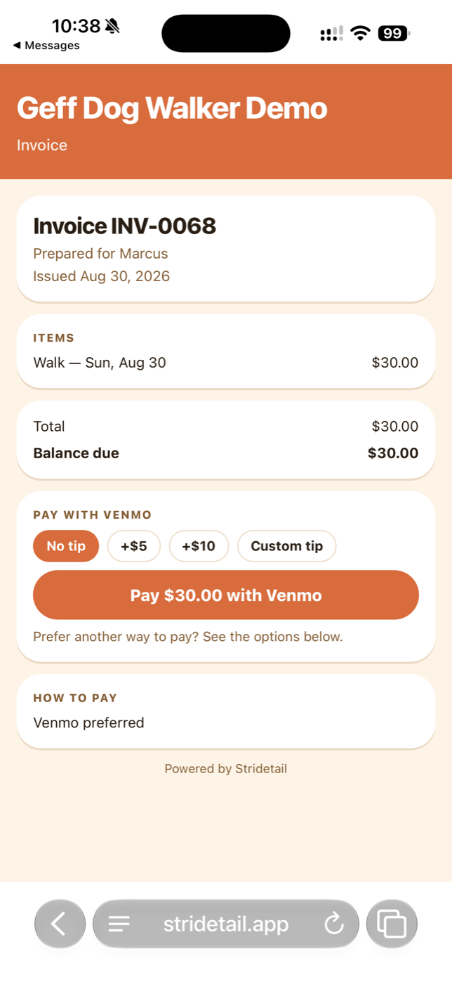 A Stridetail invoice page with the walk as a line item, tip chips, and a Pay with Venmo button