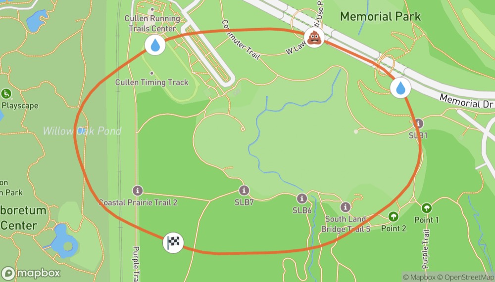 A walk route around Memorial Park on a map, with pins marking pee, poop, and the finish