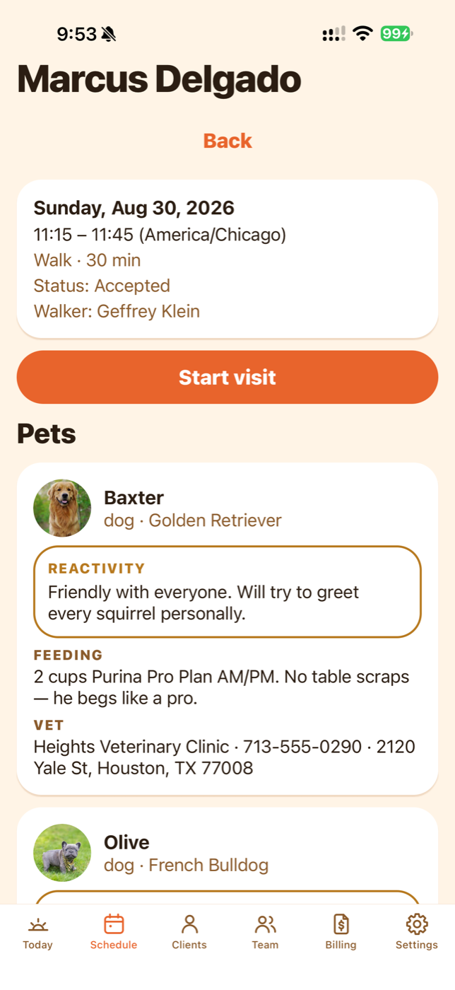Stridetail visit screen showing the client's pets with photos, behavior and feeding notes, vet info, and a Start visit button